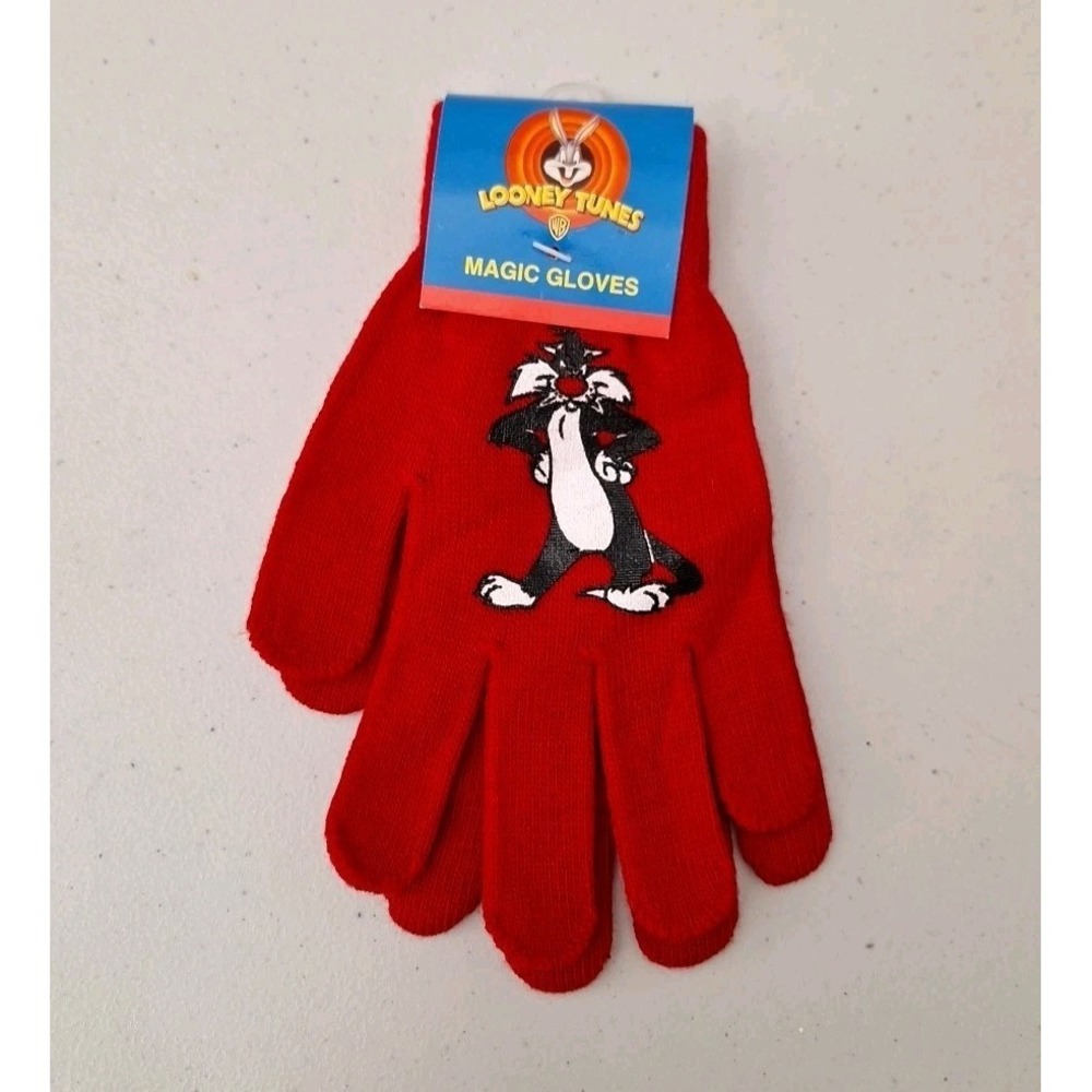 Vintage Sylvester Cat Looney Tunes Knit Gloves Embroidered Red One Size NEW